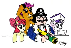 Size: 1342x914 | Tagged: safe, artist:stealthninja5, derpibooru import, apple bloom, scootaloo, sweetie belle, bandana, captain pugwash, crossover, cutie mark crusaders, eyepatch, hat, image, jpeg, pirate, pirate hat, spyglass