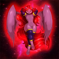 Size: 1080x1080 | Tagged: safe, artist:suirano, derpibooru import, oc, oc:seraphic crimson, unofficial characters only, anthro, pegasus, unguligrade anthro, arm behind head, armpits, bedroom eyes, clothes, commission, digital art, evening gloves, featureless crotch, femboy, gloves, image, jpeg, long gloves, looking at you, male, nudity, socks, solo, solo male, spread wings, stockings, tail, thigh highs, thighs, wings