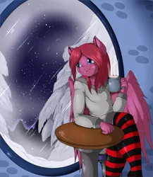 Size: 960x1105 | Tagged: safe, artist:suirano, derpibooru import, oc, oc:seraphic crimson, unofficial characters only, anthro, pegasus, bedroom eyes, chair, clothes, commission, digital art, image, jpeg, male, shirt, sitting, socks, solo, solo male, spread wings, stockings, table, tail, thigh highs, thighs, window, wings