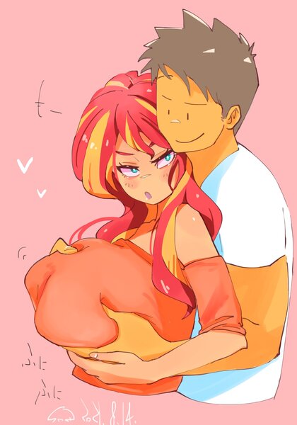 Size: 1400x2000 | Tagged: suggestive, artist:sozglitch, derpibooru import, sunset shimmer, oc, oc:generic messy hair anime anon, human, bare shoulders, big breasts, blushing, breast grab, breast hold, breasts, busty sunset shimmer, clothes, female, grope, hair, heart, height difference, huge breasts, humanized, image, japanese, jpeg, long hair, male, moon runes, off shoulder, pink background, simple background, smiling, straight