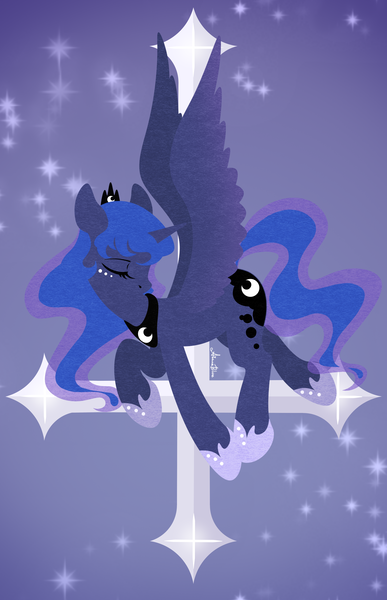 Size: 2600x4032 | Tagged: safe, artist:aimmeblue, derpibooru import, princess luna, alicorn, pony, beautiful, beautiful wings, butt, colored, cross, crown, cute, digital art, dream walker luna, dreamscape, eyelashes, eyes closed, female, flying, high res, holy, hoof shoes, horn, image, jewelry, lunabetes, majestic, mare, moonbutt, night, night sky, peytral, png, raised hoof, regalia, sky, solo, spread wings, stars, sweet dreams fuel, weapons-grade cute, wing fluff, wings