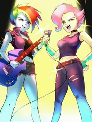 Size: 2465x3240 | Tagged: safe, artist:amazingpuffhair, derpibooru import, fluttershy, rainbow dash, equestria girls, equestria girls series, rollercoaster of friendship, choker, chokershy, clothes, commission, ear piercing, earring, flutterpunk, guitar, high res, image, jeans, jewelry, jpeg, leather vest, microphone, midriff, musical instrument, pants, piercing, shirt, shorts, wristband