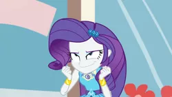 Size: 3410x1920 | Tagged: safe, derpibooru import, screencap, rarity, display of affection, equestria girls, equestria girls series, bracelet, clothes, cutie mark, cutie mark on clothes, female, geode of shielding, hairpin, image, jewelry, jpeg, magical geodes, rarity peplum dress, smiling, solo