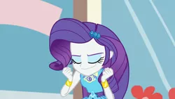 Size: 3410x1920 | Tagged: safe, derpibooru import, screencap, rarity, display of affection, equestria girls, equestria girls series, bracelet, clothes, cutie mark, cutie mark on clothes, eyes closed, female, geode of shielding, hairpin, image, jewelry, jpeg, magical geodes, rarity peplum dress, smiling, solo