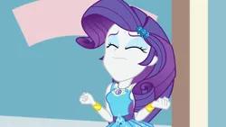 Size: 3410x1920 | Tagged: safe, derpibooru import, screencap, rarity, display of affection, equestria girls, equestria girls series, bracelet, clothes, cutie mark, cutie mark on clothes, eyes closed, female, geode of shielding, hairpin, image, jewelry, jpeg, magical geodes, rarity peplum dress, solo