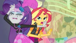 Size: 3410x1920 | Tagged: safe, derpibooru import, screencap, rarity, sunset shimmer, display of affection, equestria girls, equestria girls series, clothes, crying, cutie mark, cutie mark on clothes, eyes closed, female, geode of empathy, hairpin, image, jacket, jewelry, jpeg, leather, leather jacket, magical geodes, makeup, marshmelodrama, necklace, open mouth, rarity being rarity, running makeup