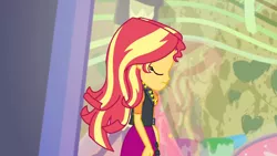Size: 3410x1920 | Tagged: safe, derpibooru import, screencap, sunset shimmer, display of affection, equestria girls, equestria girls series, clothes, cutie mark, cutie mark on clothes, eyes closed, female, geode of empathy, image, jacket, jewelry, jpeg, leather, leather jacket, magical geodes, necklace, solo