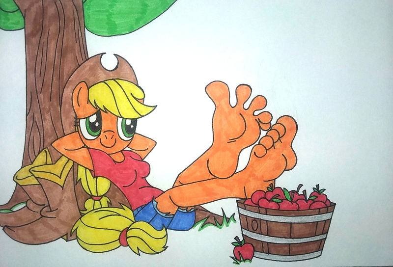 Size: 3093x2102 | Tagged: suggestive, artist:darienspeyer, derpibooru import, applejack, anthro, apple, arm behind head, boots, clothes, feet, feet up, fetish, food, foot fetish, foot focus, hat, image, jpeg, shoes, spreading, story included, toes, tree