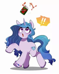 Size: 2000x2500 | Tagged: safe, artist:potetecyu_to, derpibooru import, izzy moonbow, pony, unicorn, :o, beans, can, exclamation point, food, g5, image, jpeg, open mouth, simple background, white background