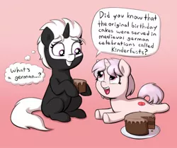Size: 1490x1248 | Tagged: safe, artist:heretichesh, derpibooru import, oc, oc:red pill, oc:s.leech, unofficial characters only, pony, unicorn, cake, chocolate cake, duo, female, filly, food, gradient background, image, jpeg, lying down, mare, prone, sitting, speech bubble, sploot, thought bubble