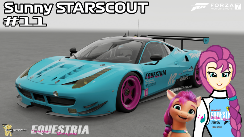 Size: 3840x2160 | Tagged: safe, artist:forzaveteranenigma, derpibooru import, sunny starscout, fanfic:equestria motorsports, g5, car, ferrari, ferrari 458 gte, ferrari 458 italia, forza motorsport 7, image, livery, looking at you, png, racing suit, read description, smiling, smiling at you, watermark