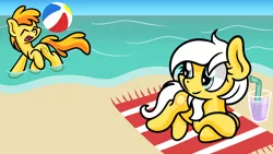 Size: 1920x1080 | Tagged: safe, artist:dinkyuniverse, derpibooru import, peachy pie, sunny daze, pony, atg 2021, beach, beach ball, image, newbie artist training grounds, png