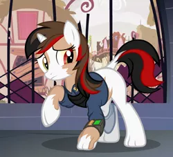 Size: 1110x1010 | Tagged: safe, artist:anonymous, derpibooru import, oc, oc:blackjack, pony, unicorn, fallout equestria, fallout equestria: project horizons, /mlp/, /ptfg/, 4chan, clothes, dock, fanfic art, female, fusing fingers, heterochromia, human to pony, image, mare, mid-transformation, pipbuck, png, raised hoof, raised leg, show accurate, solo, species swap, transformation, transgender transformation, vault suit, worried