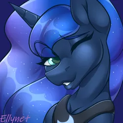 Size: 2000x2000 | Tagged: safe, artist:ellynet, derpibooru import, princess luna, bust, image, one eye closed, png, portrait, wink