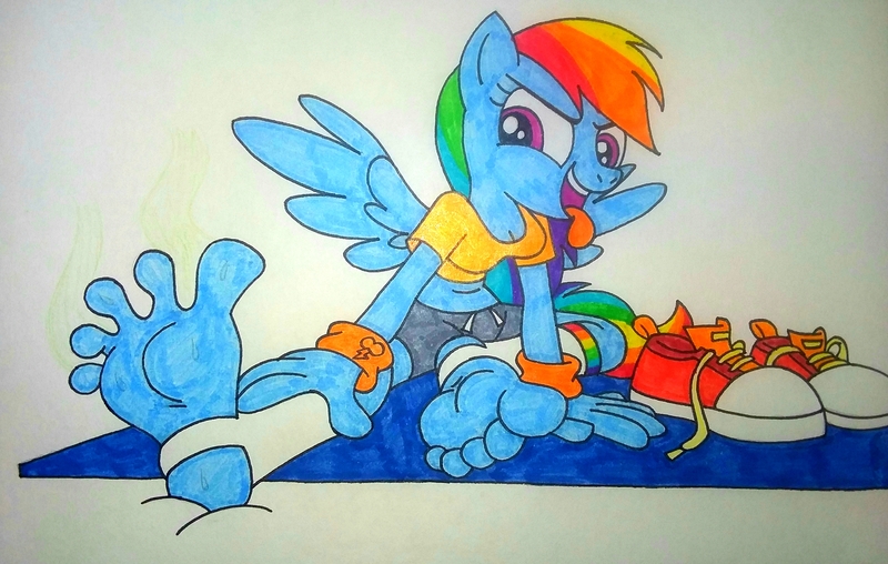 Size: 3128x1988 | Tagged: suggestive, artist:darienspeyer, derpibooru import, rainbow dash, anthro, pegasus, plantigrade anthro, barefoot, feet, female, fetish, foot fetish, image, jpeg, shoes removed, smelly, smelly feet, soles, solo, solo female, spread toes, story included, sweat, sweaty feet, toes, tongue out, wiggling toes