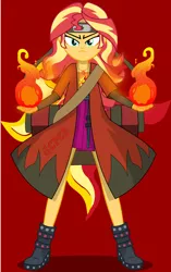 Size: 1360x2160 | Tagged: safe, artist:jcpreactyt, derpibooru import, sunset shimmer, equestria girls, cape, clothes, fiery shimmer, fire, fireball, headband, image, ninja, outfit, png, protector, scroll, serious, sunset shimmer day