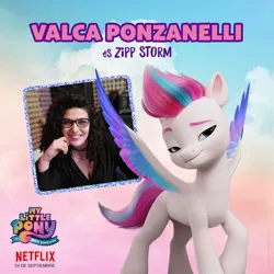 Size: 1080x1080 | Tagged: safe, derpibooru import, official, zipp storm, human, pegasus, pony, my little pony: a new generation, cloud, female, g5, image, irl, irl human, jpeg, mare, my little pony: a new generation logo, netflix, netflix logo, photo, spanish, text, valca ponzanelli, voice actor