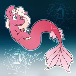 Size: 1024x1024 | Tagged: safe, artist:rosexknight, derpibooru import, edit, oc, unofficial characters only, blue background, blue eyes, commission, dorsal fin, fish tail, flowing mane, flowing tail, image, jpeg, logo, logo edit, signature, simple background, smiling, solo, swimming, tail, underwater, water