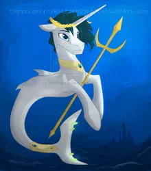 Size: 2296x2612 | Tagged: safe, artist:wolfsknight, derpibooru import, edit, oc, unofficial characters only, merpony, pony, seapony (g4), unicorn, blue eyes, crepuscular rays, dorsal fin, fish tail, flowing tail, horn, image, jewelry, logo, logo edit, ocean, png, regalia, seaponified, solo, species swap, swimming, tail, underwater, water, watermark