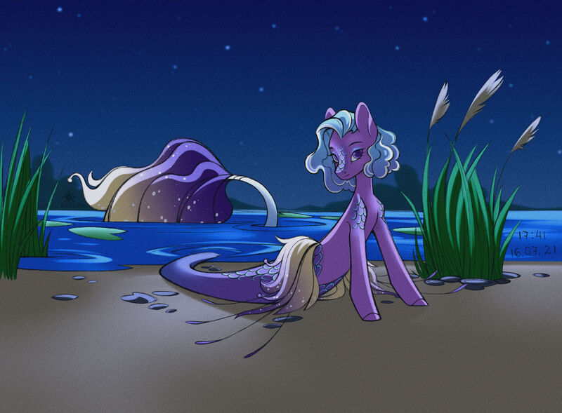 Size: 1280x942 | Tagged: safe, artist:lilitepsilon, derpibooru import, oc, unofficial characters only, merpony, seapony (g4), blue mane, female, fish tail, flowing tail, image, jpeg, looking at you, lying down, mermaid tail, night, ocean, plant, purple eyes, sand, scales, seaweed, sky, smiling, solo, stars, tail, water