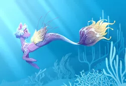 Size: 1280x876 | Tagged: safe, artist:lilitepsilon, derpibooru import, oc, unofficial characters only, merpony, seapony (g4), blue background, blue mane, bubble, commission, coral, crepuscular rays, digital art, female, fish tail, flowing tail, image, jpeg, looking back, mermaid tail, ocean, purple eyes, scales, seaweed, simple background, smiling, solo, sunlight, swimming, tail, underwater, water, ych result