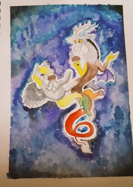 Size: 729x1024 | Tagged: safe, artist:flutterfrisk, derpibooru import, derpy hooves, discord, draconequus, pegasus, eating, food, galaxy, image, jpeg, muffin, painting, space, traditional art, watercolor painting