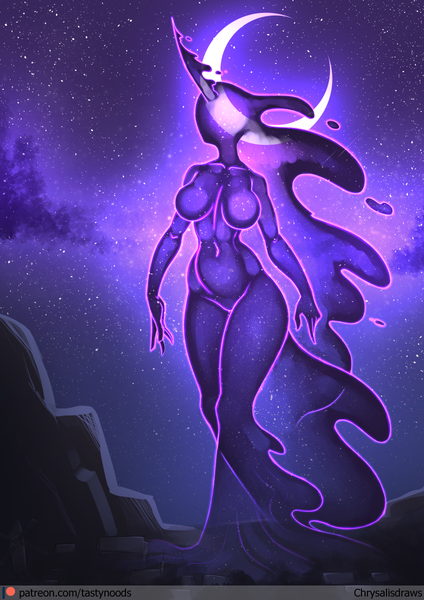 Size: 848x1200 | Tagged: suggestive, artist:chrysalisdraws, derpibooru import, tantabus, anthro, barbie doll anatomy, belly button, breasts, crescent moon, featureless breasts, image, moon, png