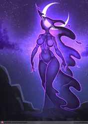 Size: 848x1200 | Tagged: suggestive, artist:chrysalisdraws, derpibooru import, tantabus, anthro, barbie doll anatomy, belly button, breasts, crescent moon, featureless breasts, image, moon, png