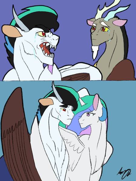 Size: 1024x1366 | Tagged: safe, artist:cardinalauro, derpibooru import, discord, princess celestia, oc, alicorn, draconequus, hybrid, pony, crying, dislestia, draconequus oc, father and child, father and son, female, hug, image, interspecies offspring, jpeg, male, mother and child, mother and son, offspring, parent:discord, parent:princess celestia, parents:dislestia, sharp teeth, shipping, straight, teeth, winghug, wings