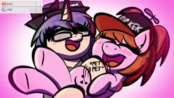 Size: 2048x1152 | Tagged: safe, artist:ashtoneer, derpibooru import, oc, unofficial characters only, earth pony, pony, unicorn, 4chan cup, bellyrubs, duo, glasses, hat, holding a pony, image, jpeg, petting, propeller hat