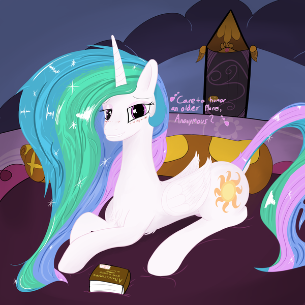 Size: 6000x6000 | Tagged: questionable, artist:enonnnymous, derpibooru import, princess celestia, alicorn, pony, /sun/, bedroom, bedroom eyes, book, chest fluff, crotchboobs, cute, cutelestia, female, heart eyes, image, imminent cuddles, implied anon, lying down, mare, messy mane, missing accessory, nudity, png, prone, smiling, solo, teats, wingding eyes