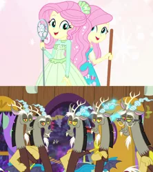 Size: 1280x1440 | Tagged: safe, derpibooru import, edit, edited screencap, screencap, discord, fluttershy, parcel post, post haste, draconequus, discordant harmony, equestria girls, equestria girls series, so much more to me, broom, clone, discord crew, discord's house, discoshy, doorway, female, flying napkin, glasses, happy, image, male, microphone, multeity, png, shipping, shipping domino, singing, smiling, straight, the discord zone