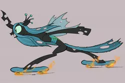 Size: 3000x2000 | Tagged: safe, artist:swagstapiece, derpibooru import, queen chrysalis, changeling, changeling queen, bipedal, female, fire, image, jpeg, simple background, skateboard, solo