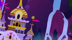 Size: 1280x720 | Tagged: safe, derpibooru import, screencap, the best night ever, architecture, background, canterlot, canterlot castle, flag, image, night, no pony, png, scenic ponyville, tree, waterfall