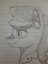 Size: 3000x4000 | Tagged: safe, artist:mrscroup, artist:mustaphatr, derpibooru import, golden delicious, equestria at war mod, apple, apple family member, clothes, food, hammer and sickle, hat, image, jpeg, lined paper, solo, traditional art