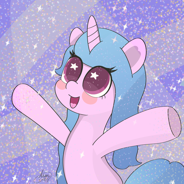 Size: 2160x2160 | Tagged: safe, artist:limitmj, derpibooru import, izzy moonbow, pony, unicorn, abstract background, cute, female, g5, glitter, high res, image, izzybetes, open mouth, png, solo, sparkles, starry eyes, wingding eyes