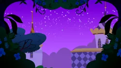 Size: 1280x720 | Tagged: safe, derpibooru import, screencap, the best night ever, background, bush, canterlot, canterlot castle, flower, image, mountain, night, png, scenic ponyville, stars