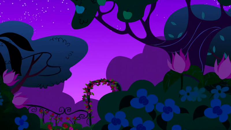 Size: 1280x720 | Tagged: safe, derpibooru import, screencap, the best night ever, background, canterlot, flower, garden, image, night, no pony, png, rose, scenic ponyville, tree