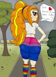 Size: 2550x3501 | Tagged: suggestive, artist:ewrrfb, derpibooru import, adagio dazzle, equestria girls, butt, clothes, cloud, cloudy, flower, heart, image, kneesocks, large butt, looking at you, looking back, looking back at you, magenta eyes, mushroom, park, png, rainbow socks, seductive pose, socks, solo, speech bubble, striped socks, text, tree, walking away