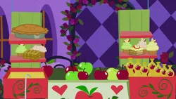 Size: 1280x720 | Tagged: safe, derpibooru import, screencap, the best night ever, apple, background, canterlot, cart, flower, food, image, muffin, night, no pony, pie, png, rose, scenic ponyville