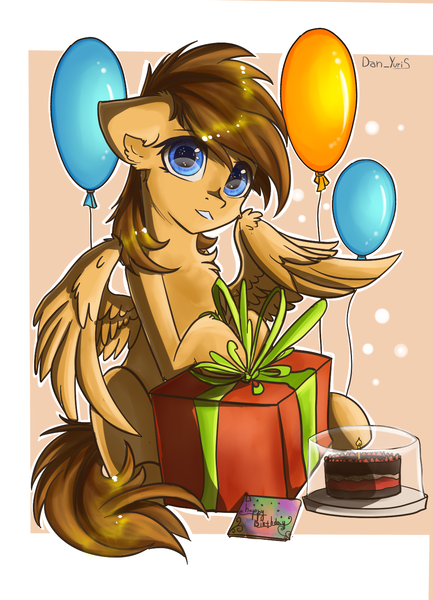 Size: 1080x1495 | Tagged: safe, artist:yuris, derpibooru import, oc, oc:sharpwing, unofficial characters only, pegasus, pony, happy birthday, image, png, solo
