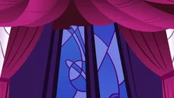 Size: 1280x720 | Tagged: safe, derpibooru import, screencap, the best night ever, background, canterlot castle interior, curtain, image, liminal space, no pony, png, scenic ponyville, stained glass, stained glass window, window