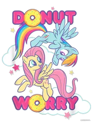 Size: 750x1000 | Tagged: safe, derpibooru import, official, fluttershy, rainbow dash, pegasus, pony, cloud, cropped, design, donut, duo, female, flying, food, g4, image, mare, merchandise, png, pun, shirt design, simple background, stars, text, transparent background