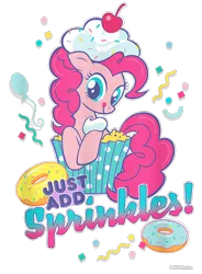 Size: 700x950 | Tagged: safe, derpibooru import, official, pinkie pie, earth pony, pony, balloon, cherry, confetti, cream, cropped, cupcake, design, donut, female, food, g4, image, mare, merchandise, png, shirt design, simple background, solo, sprinkles, text, transparent background