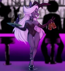 Size: 1808x2000 | Tagged: safe, artist:pixxpal, derpibooru import, oc, oc:lilac night, unofficial characters only, anthro, bat pony, alcohol, bar, bat pony oc, bat wings, bottle, breasts, bunny suit, clothes, female, high heels, image, jpeg, leotard, shoes, waitress, wings
