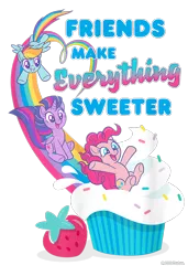 Size: 650x950 | Tagged: safe, derpibooru import, official, pinkie pie, rainbow dash, twilight sparkle, twilight sparkle (alicorn), alicorn, earth pony, pegasus, pony, cropped, cupcake, design, female, food, g4, image, mare, merchandise, png, rainbow, shirt design, simple background, slide, sliding, sprinkles, strawberry, text, transparent background, trio