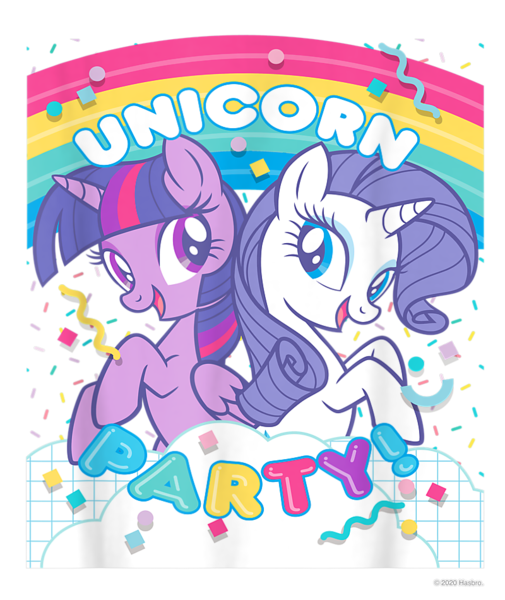 Size: 800x950 | Tagged: safe, derpibooru import, official, rarity, twilight sparkle, twilight sparkle (alicorn), alicorn, pony, unicorn, confetti, cropped, design, duo, female, g4, image, mare, merchandise, png, rainbow, shirt design, simple background, text, transparent background