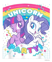 Size: 800x950 | Tagged: safe, derpibooru import, official, rarity, twilight sparkle, twilight sparkle (alicorn), alicorn, pony, unicorn, confetti, cropped, design, duo, female, g4, image, mare, merchandise, png, rainbow, shirt design, simple background, text, transparent background