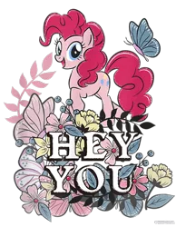 Size: 700x900 | Tagged: safe, derpibooru import, official, pinkie pie, butterfly, earth pony, insect, pony, cropped, design, female, flower, g4, image, leaves, mare, merchandise, png, shirt design, simple background, solo, text, transparent background