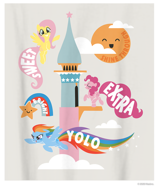 Size: 750x900 | Tagged: safe, derpibooru import, official, fluttershy, pinkie pie, rainbow dash, earth pony, pegasus, pony, canterlot castle, cloud, cropped, design, female, flying, g4, gray background, image, mare, merchandise, png, rainbow, shirt design, simple background, stars, sun, text, transparent background, trio, yolo